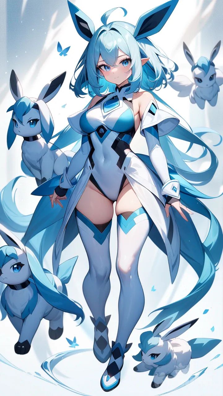 Glaceon, human form girl, looking at viewer, full body shot, medium sized breasts
