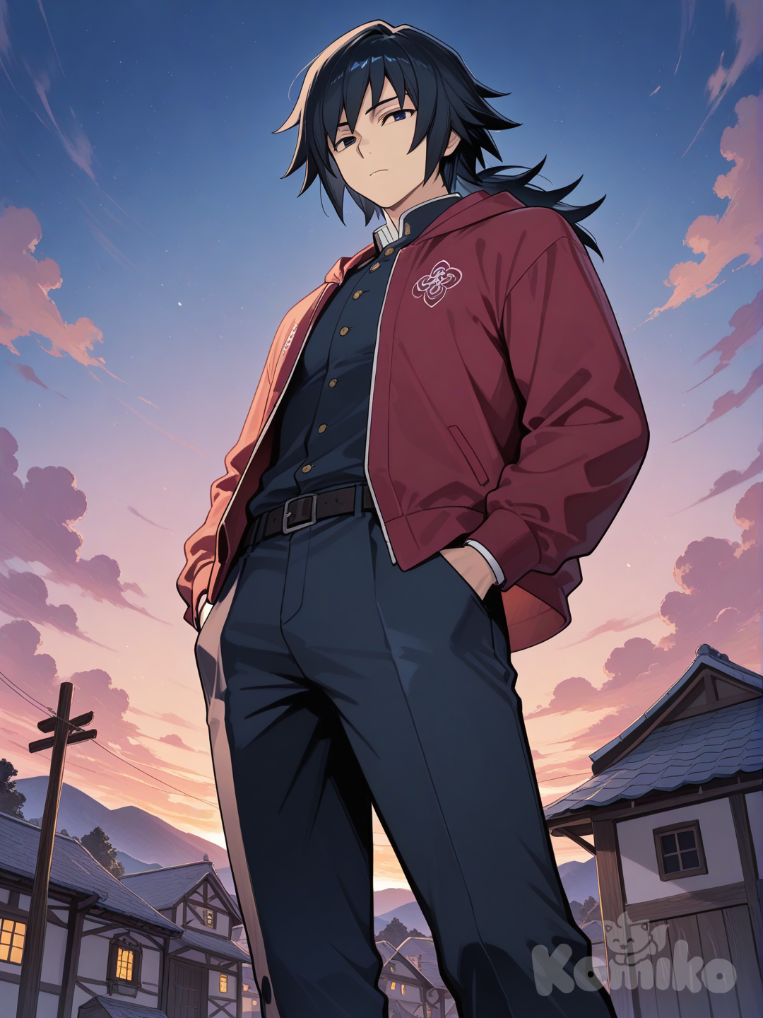 @Tomioka_Giyuu, hands in pockets, from below, twilight, village