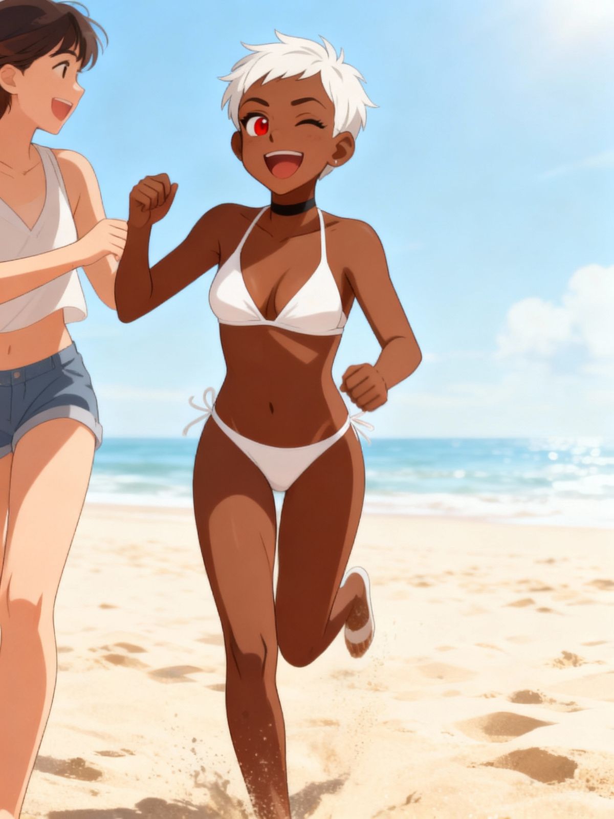 white bikini, 

running on the beach having fun with her friend