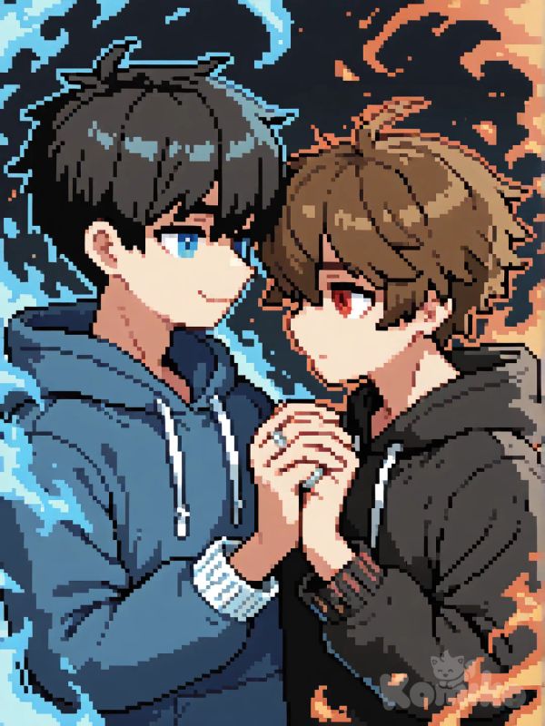 Um casal de um homem jovem, com cabelo curto castanhos bagunçado, olhos vermelhos, com um moletom preto e branco, e um homem jovem e lindo de cabelo preto cacheados curto , olhos azuis lindos, o casaco moletom de manga alta azul e uma aliança de namoro na mão, com aura de fogo azul em volta dele , [soft-pixel-art-style]