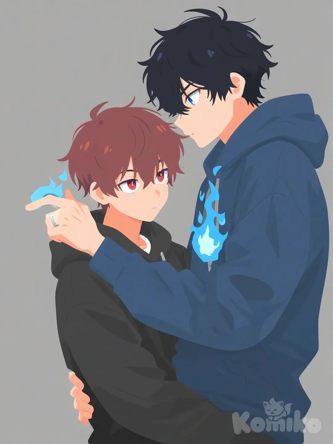 Um casal de dois , um homem jovem baixo lindo que tem cabelo curto castanhos bagunçado, olhos vermelhos, com um moletom preto e branco, e o outro homem jovem alto e lindo que tem cabelo preto cacheados curto , olhos azuis lindos, o casaco moletom de manga alta azul e uma aliança de namoro na mão, com aura de fogo azul em volta dele, [flat-illustration-style]