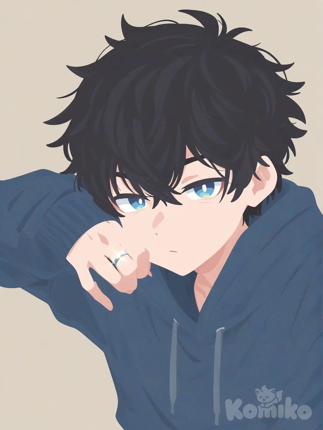 um garoto adolescente lindo de cabelo preto cacheados curto , olhos azuis lindos, o casaco moletom de manga alta azul e uma aliança de namoro na mão, [flat-illustration-style]