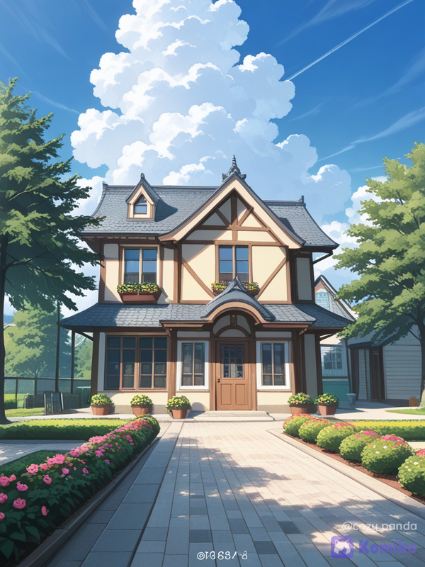 Image d’une belle maison avec un beau toit un très beau jardin de très beaux arbres et un beau nuage
