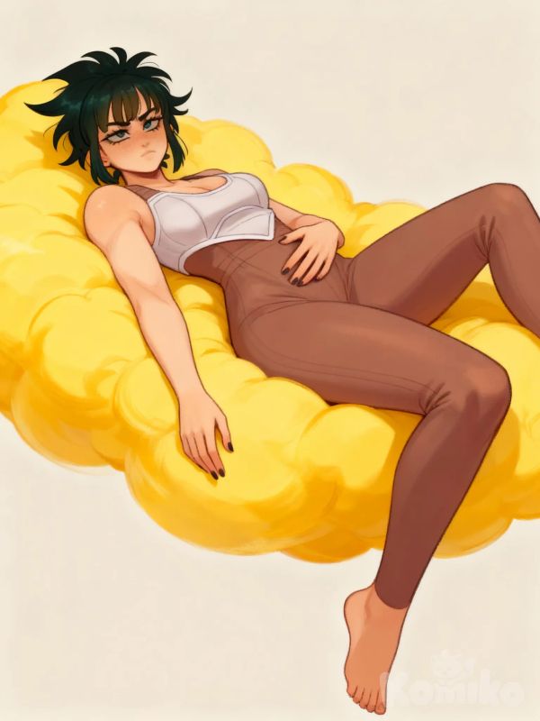 laying on a yellow cloud, one leg dangling off along with one hand as well, while her other hand is across her stomach. Keep her art style the same though and make it kinda up close