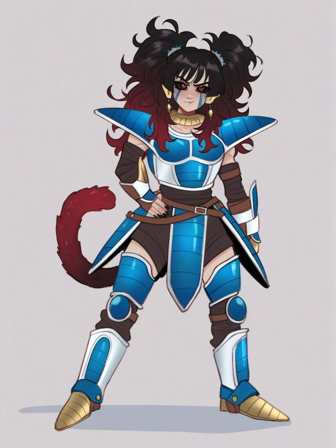 [soft-shaded-moe-style] 1girl, frieza (dragon ball) armor, athletic build, lean, defined muscles, bio-armor, pale blue bio-armor, pearlescent bio-armor, armored shoulders, armored forearms, armored shins, armored torso, facial bio-armor, tan skin, black hair, wild spiky hair, long hair, gravity-defying hair, hair spikes, twintails, brown monkey tail, segmented blue tail, sharp facial features, angular face, red eyes, black sclera, dragon ball z art style, single character, full body, looking at viewer, simple background, white background