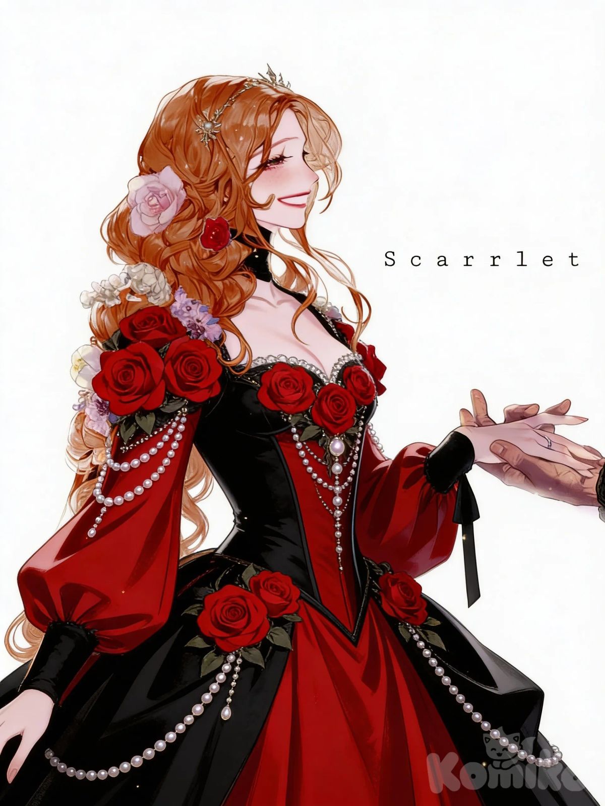 Castlevania, puffy long sleeves, red and black dress, red roses, pearls