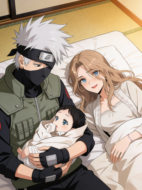 In the Naruto series, Kakashi is sitting next to his wife, lying on her futon as she smiles when he holds her newborn daughter in his arms.