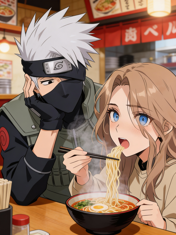 In the Naruto series, Kakashi enjoys watching her eat her ramen noodles at Ramen Ichiraku. Especially, she makes a very innocent face as she slurps her noodles with chopsticks.