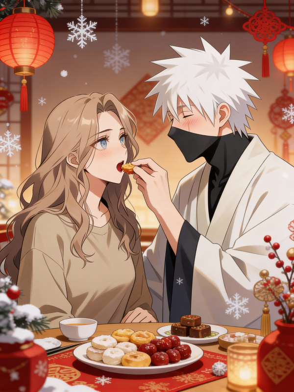 In Naruot, he blushes as he feeds her with tasty treats at their table for the winter new year.