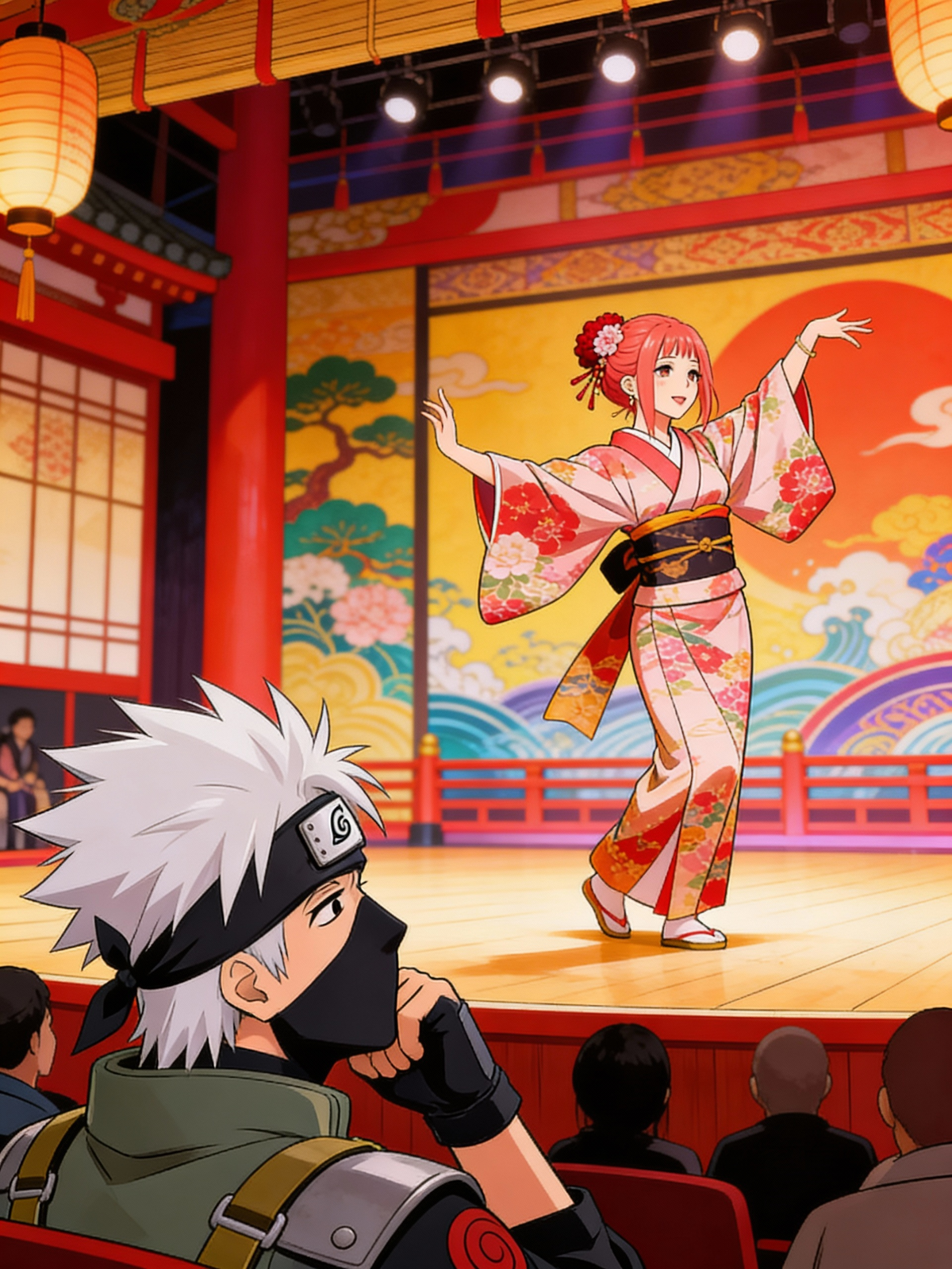 In the Naruto series, the woman with strawberry blonde hair, dressed in a kimonos, was doing a Kabuki dance in Japanese style as Kakashi watched the stage of her performance among the other audience.