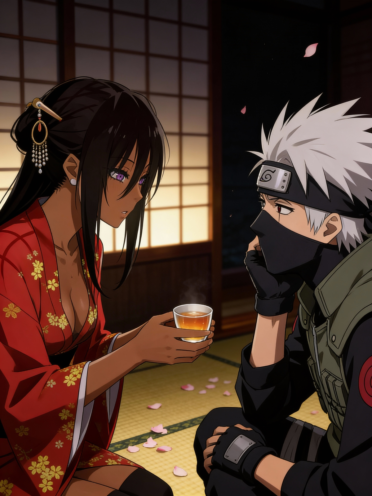In Naruto, she served him a cup of sake as he paid for her courtsan services. They chatted calmly as if they were normal people.