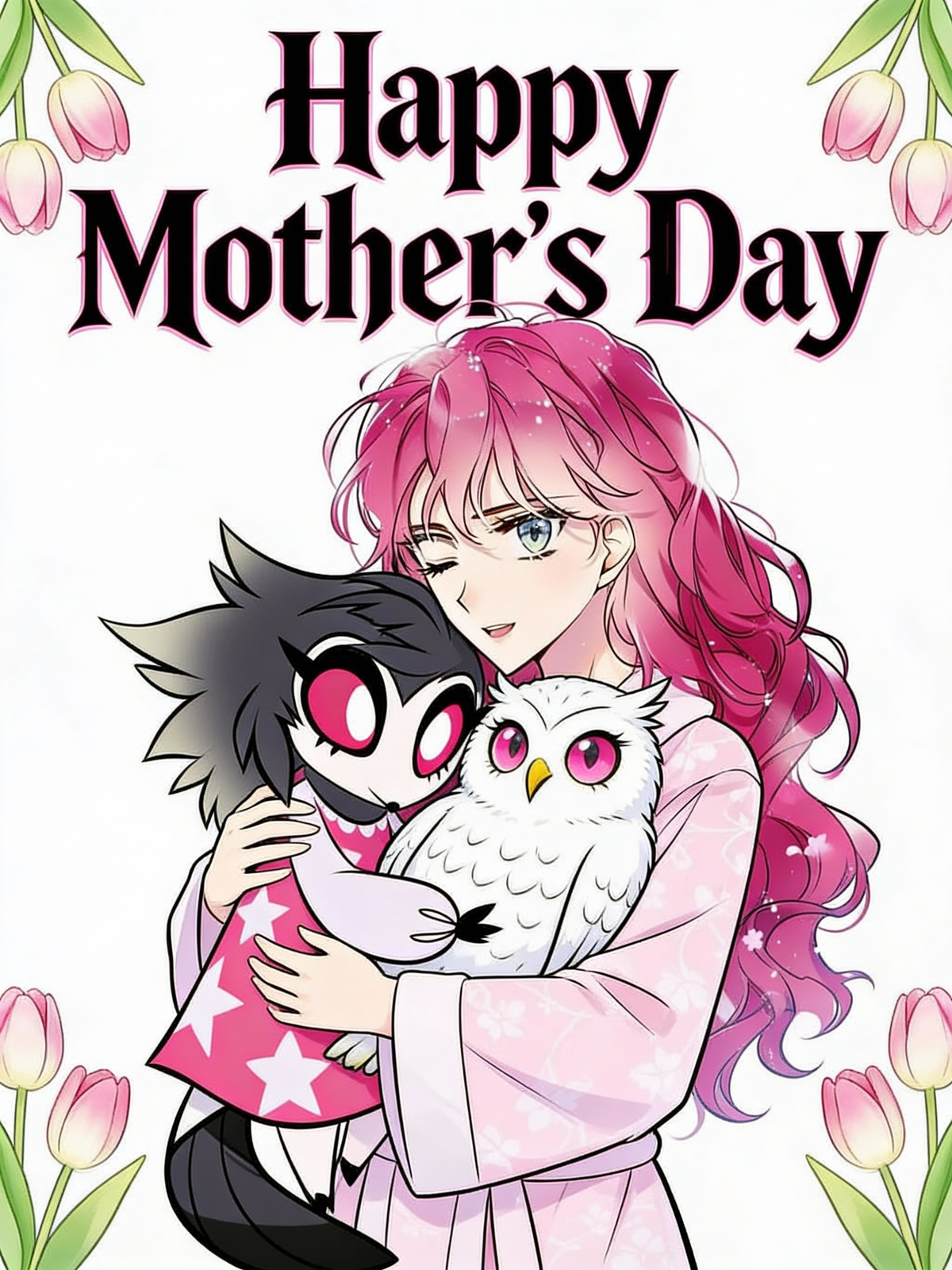 In Hazbin Hotel, Odessa is holding her newly hatched fast-growing daughter, Bibi, who is a beautiful snowy owl goetia girl. They have a mother-daughter bond. Title says: Happy Mother's Day It has tulip flowers in the corners of the picture.