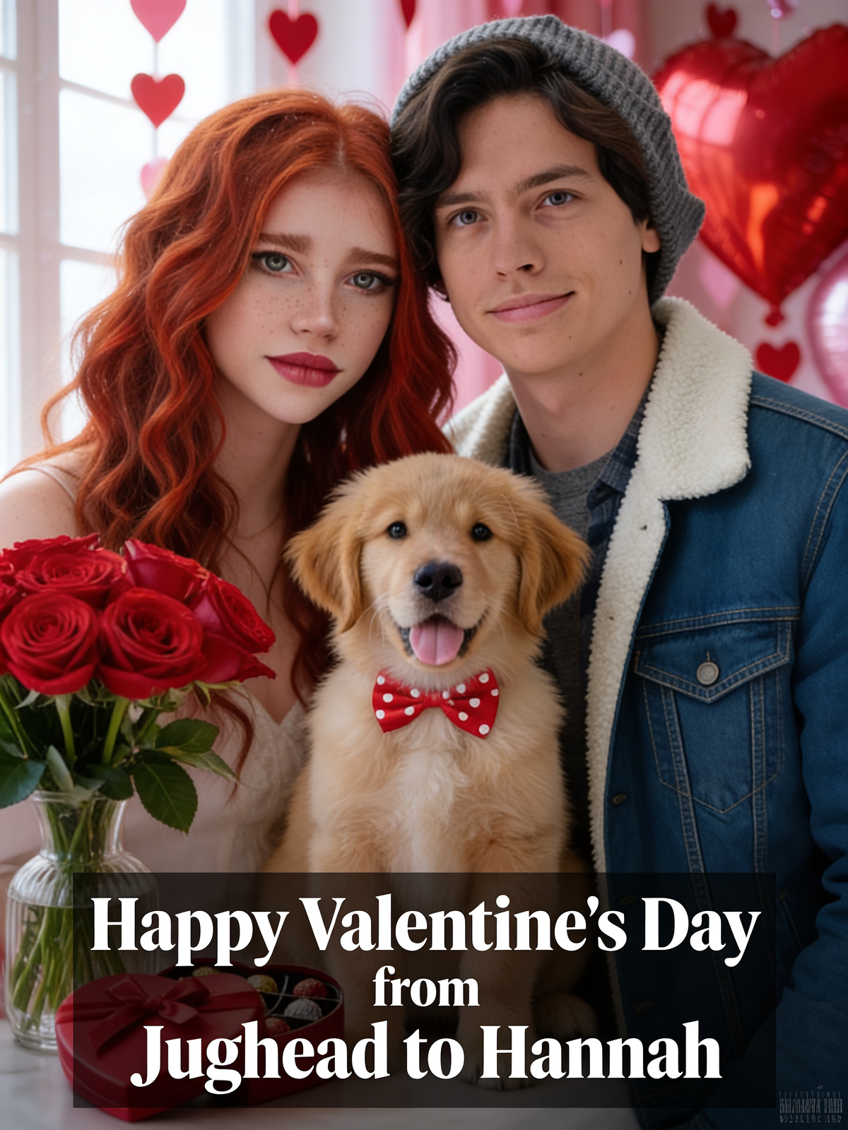 In Riverdale, Jughead gave his girlfriend, Hannah Winchester, a puppy for Valentine's Day, and they closed half-smile, facing the camera. Title says: Happy Valentine's Day from Jughead to Hannah