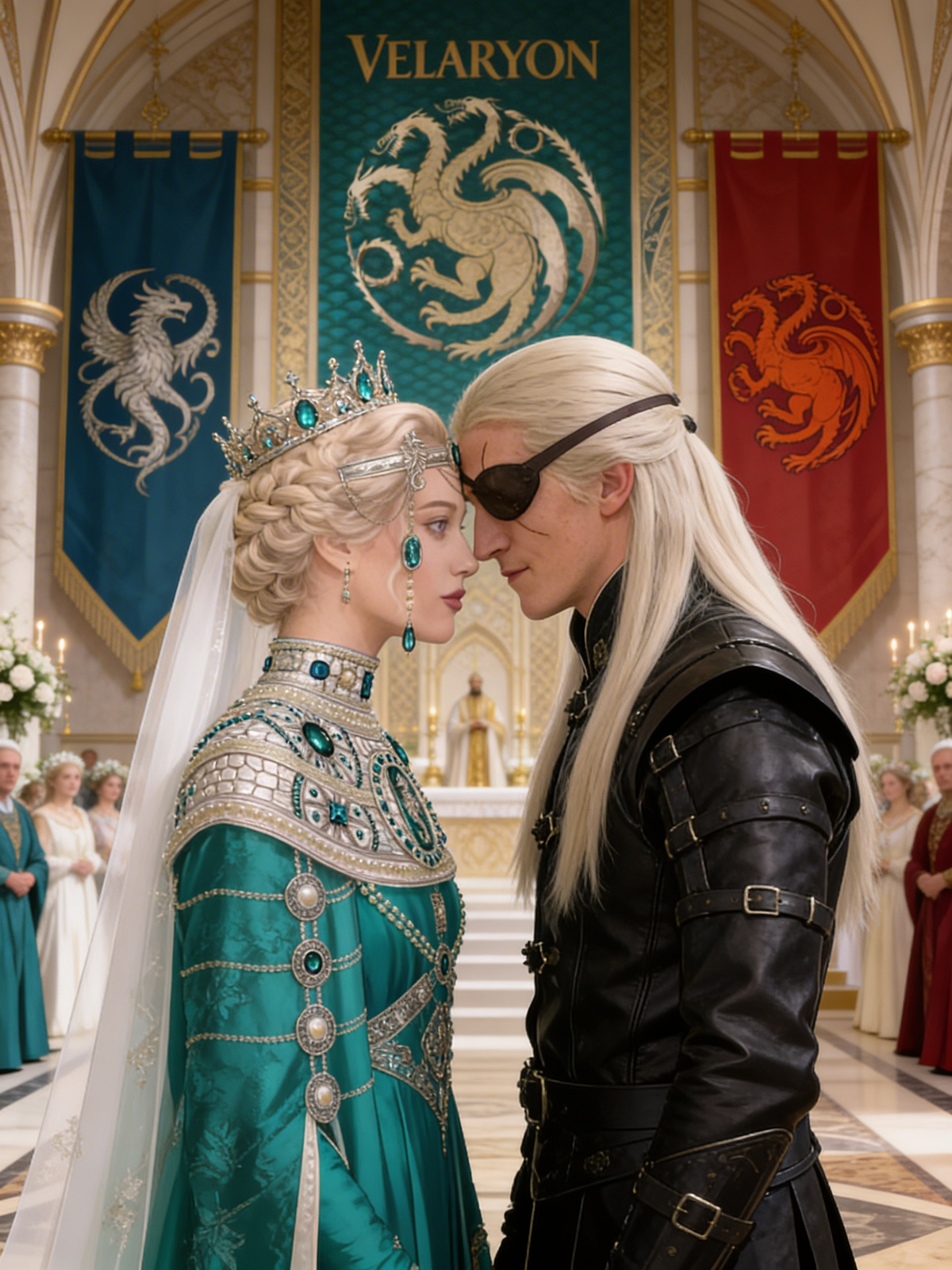 In House of Dragons, Valaena Velaryon marries Prince Aemond Targaryen as she is dressed in jewels and colors of her father's house. They stand and allow their foreheads to touch.