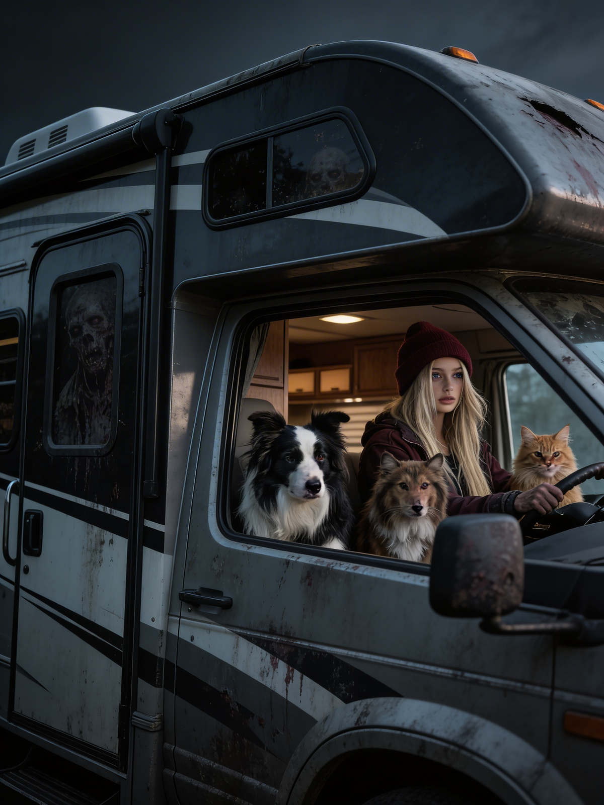 In The Walking Dead, Rosia Hope drives inside with her is her furry companions to try to survive the epidemic of zombie people. a close up to their faces.