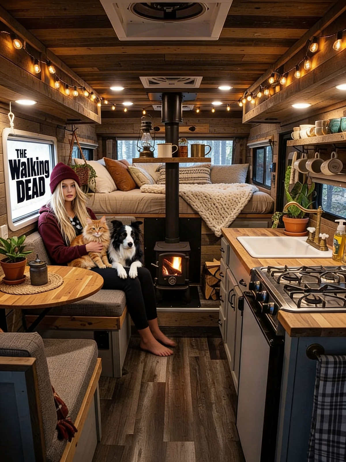 Inside, they lay together in the comforts of their only home from the outside world. The title was shown on the window bedside. "The Walking Dead." She holds the cat as the two dogs lie their fronts on her legs.
