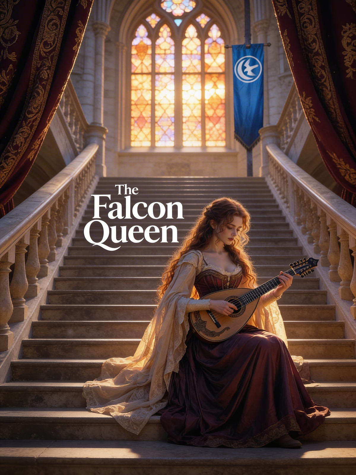 The Falcon Queen as the girl sat on the staircases and played her lute as the House of Arryn Sigil in the background, and castle interiors. Title" The Falcon Queen " in the middle where the girl is playing her lute. The blue color of flag