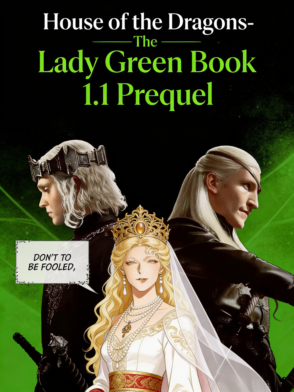 Title in black and green: House of the Dragons-The Lady Green Book 1.1 Prequel Keep all the main people in their positions the same. Just design background of black and green