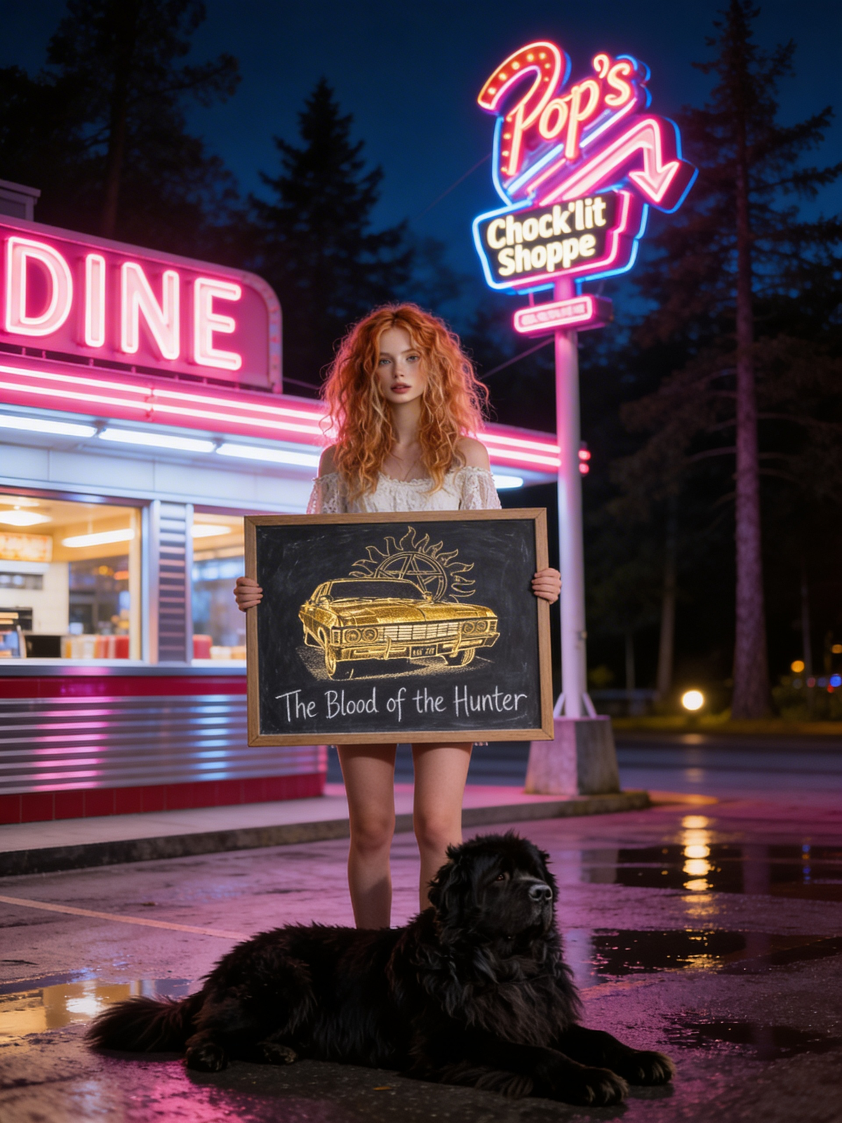 Title: The Blood of the Hunter A girl by the diner, holding a chalkboard with the drawings of the car and a supernatural title there The dog lay next to her legs