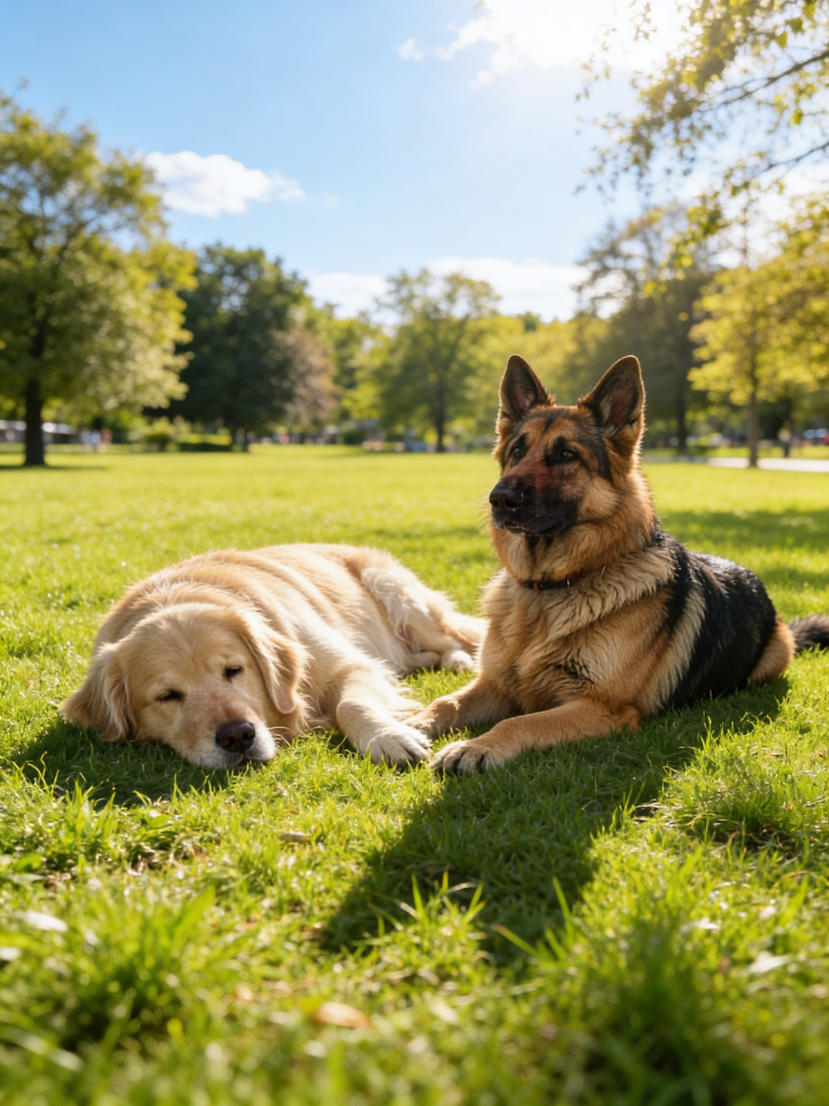 A German Shepherd dog lies next to the golden retriever dog, who is lying down as well.