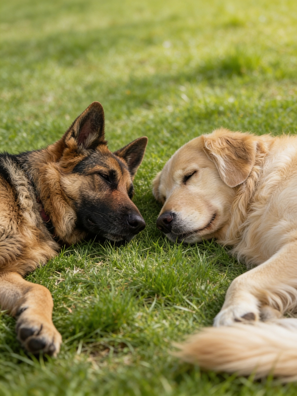 A German Shepherd dog lies next to the golden retriever dog, who is lying down as well.