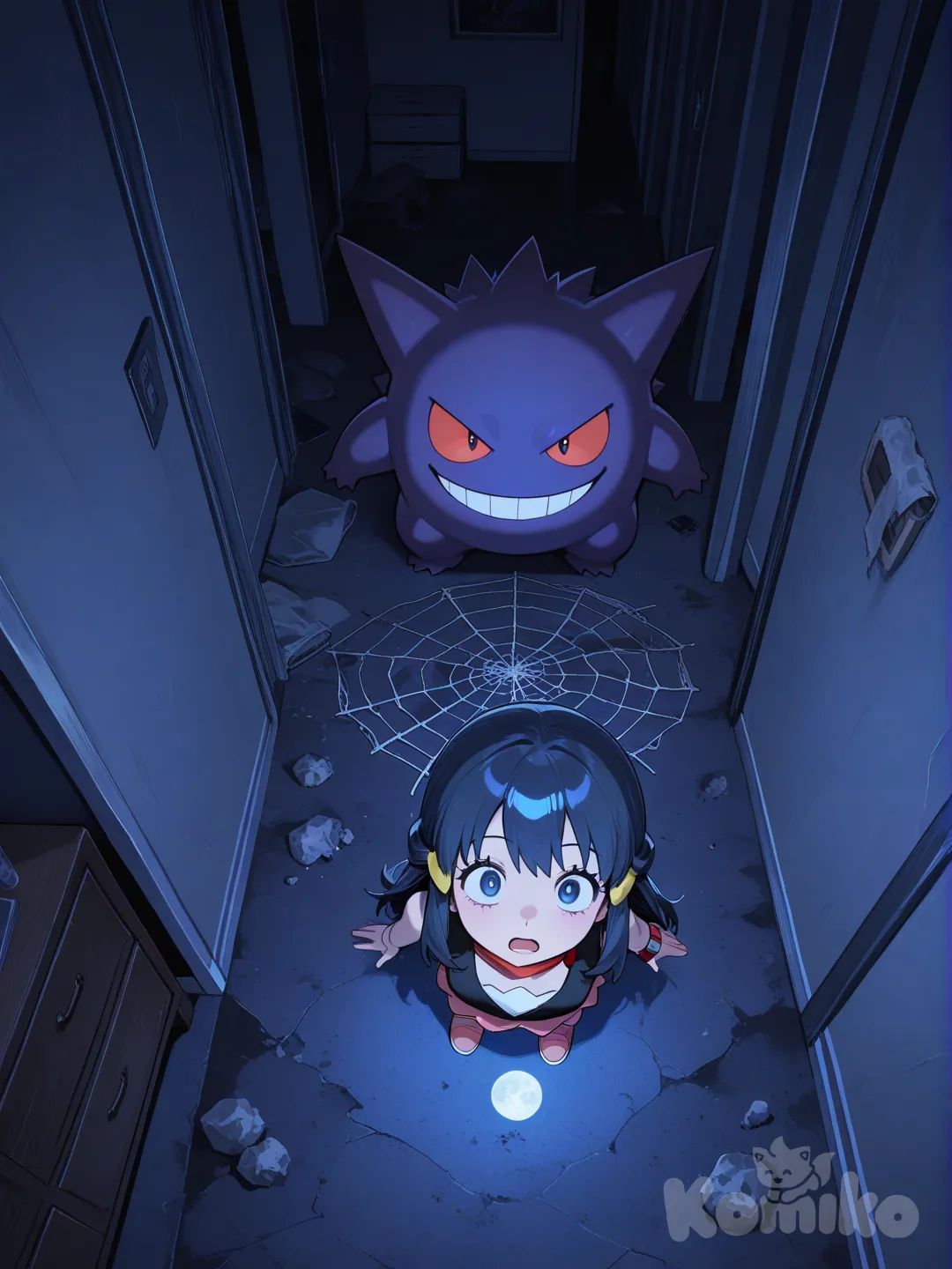 @Gengar , @Dawn (Pokemon), from above, shocked, open mouth, Full body, abandoned living room, night