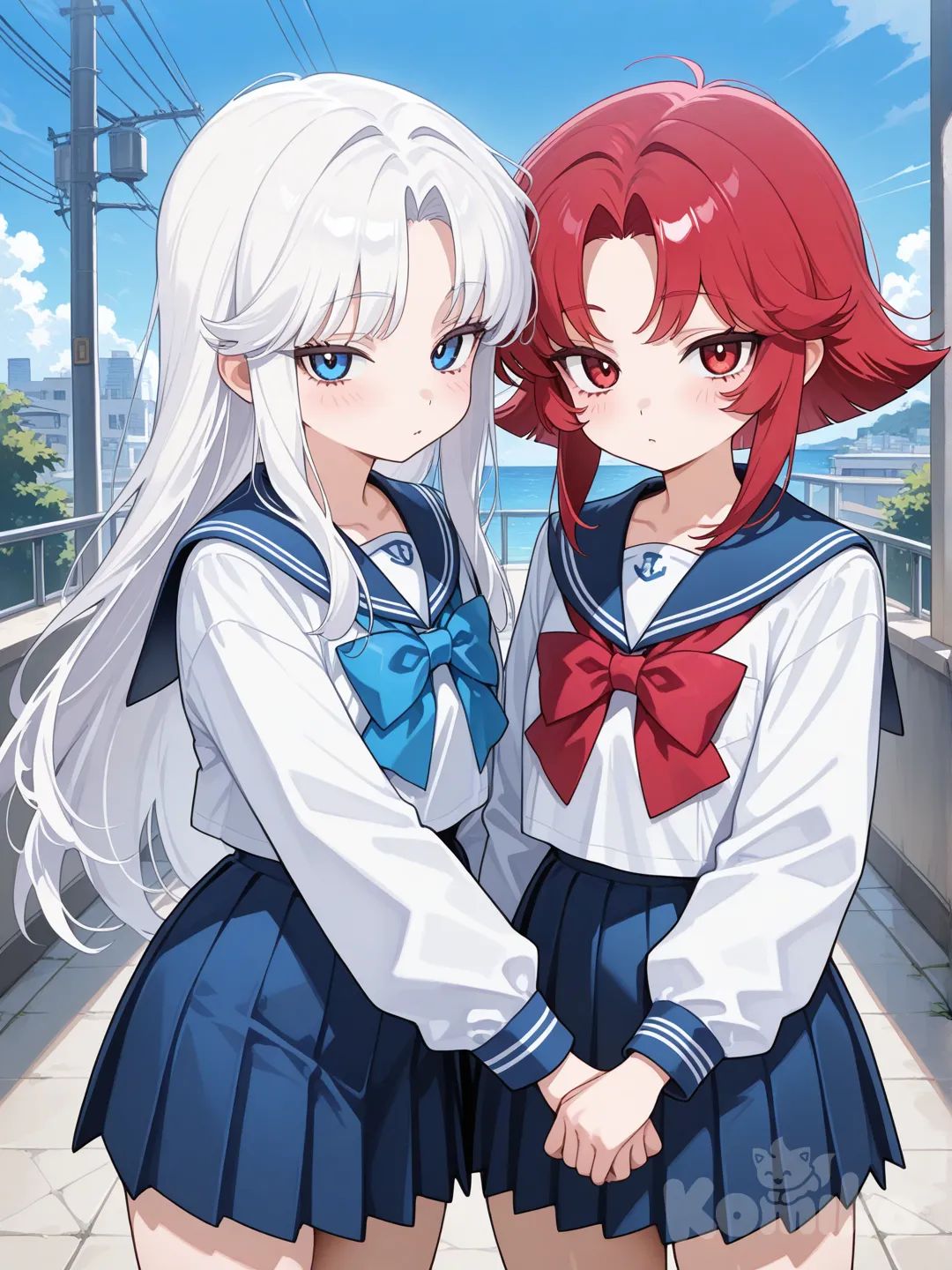 sailor Shinzo ,red hair , red eyes, sailor rina, white hair, 2girls, blue eyes