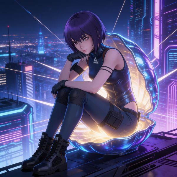 Motoko Kusanagi is sitting and contemplating
