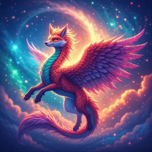 A Cosmic-Astral Twilight, Emerald, and Red Stardust Fox-Pegasus-Dragon in the Stardust Nebula