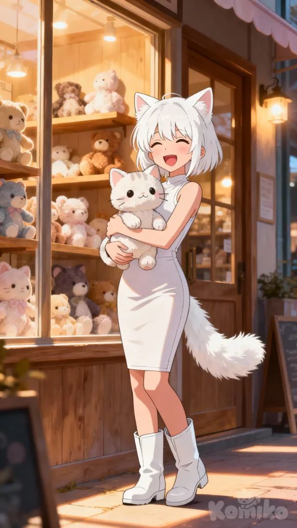 Cat girl and stuffed cat 