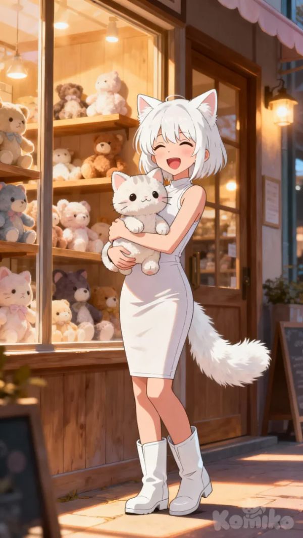 Cat girl and stuffed cat 