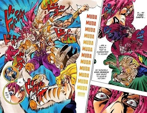 A fight scene from the JoJo's Bizarre Adventure manga and anime, season 5.