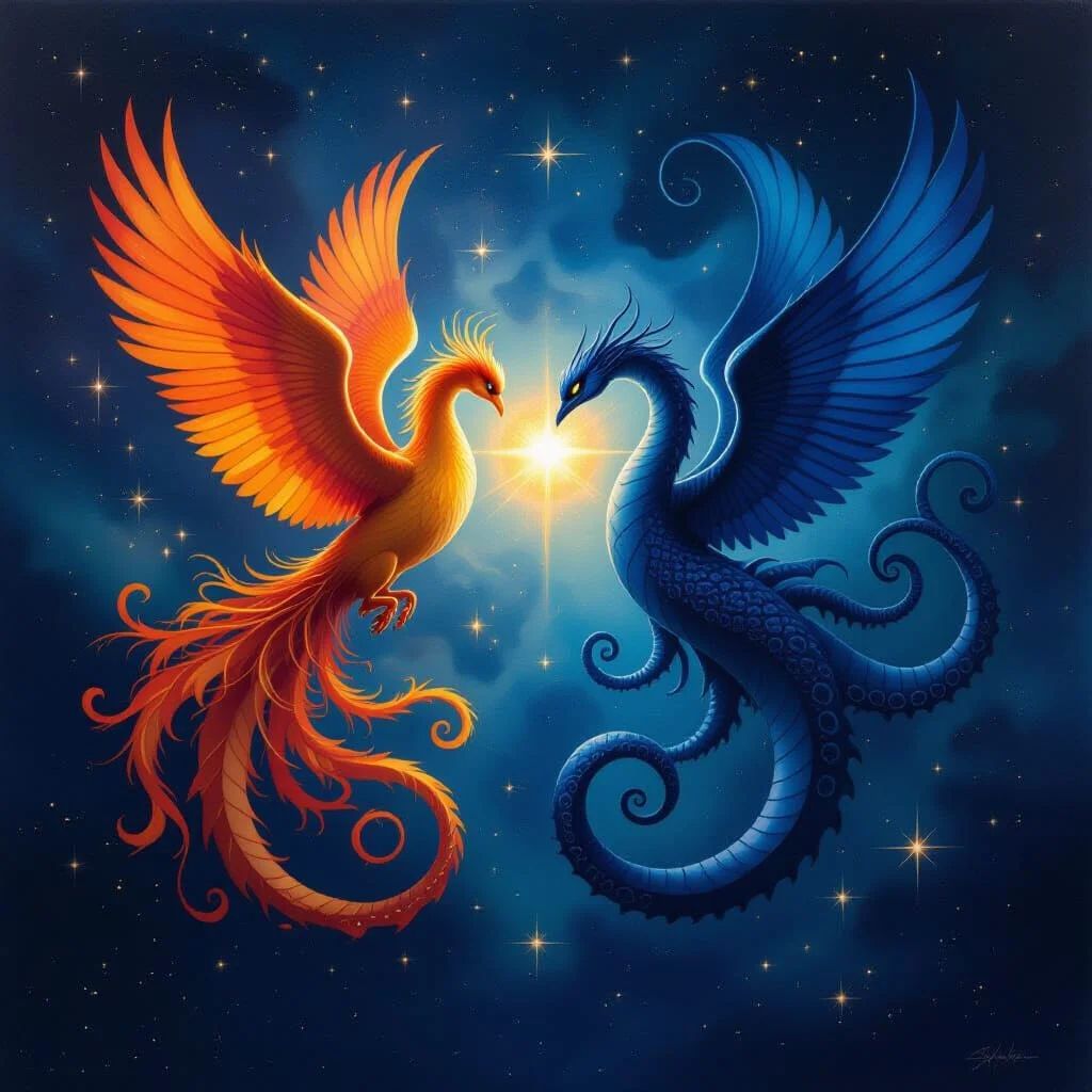 A Serene Cosmic Harmonious Balance Of The Phoenix And Kraken Guardians Of Light And Darkness