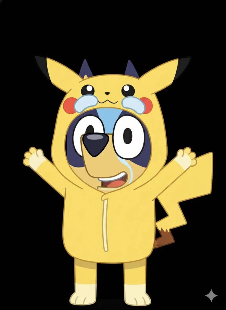 bluey and hello kitty both dressed up as Pikachu