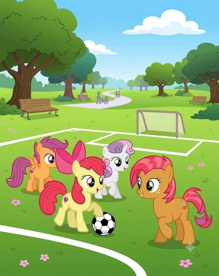 cutie mark crusaders playing soccer at the park