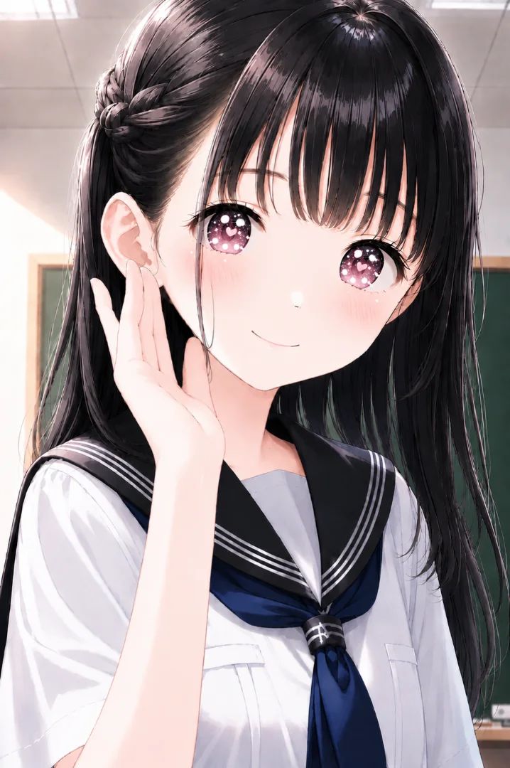 Cô bé anime girl học sinh với đôi mắt tím hồng lấp lánh, đáng yêu