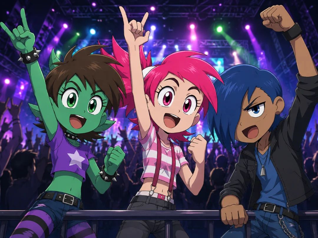 Three pre-teens are rocking out at the concert