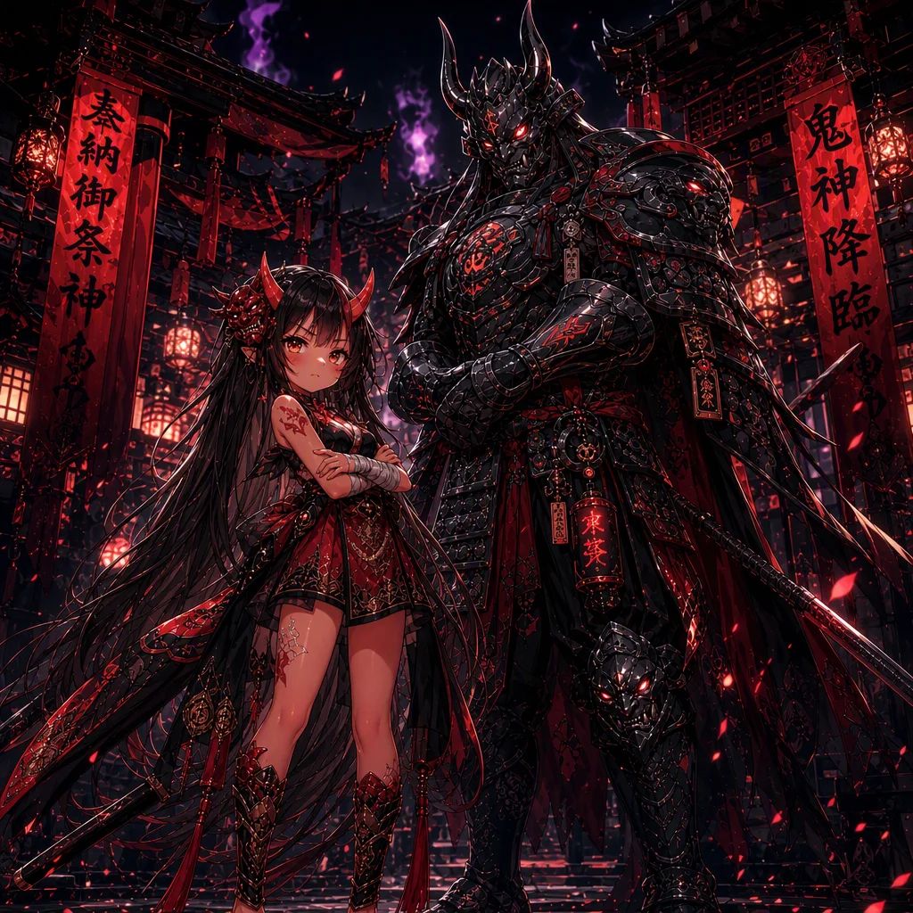 Akane, the oni girl, and her guardian Raijin