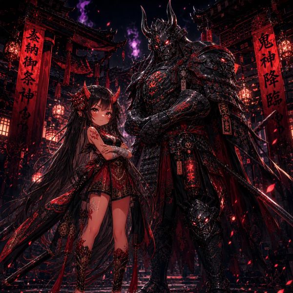 Akane, the oni girl, and her guardian Raijin