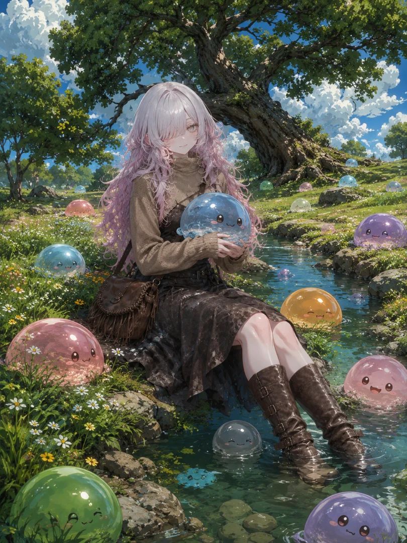 In a picturesque setting, accompanied by lovely and adorable little slimes 🥰