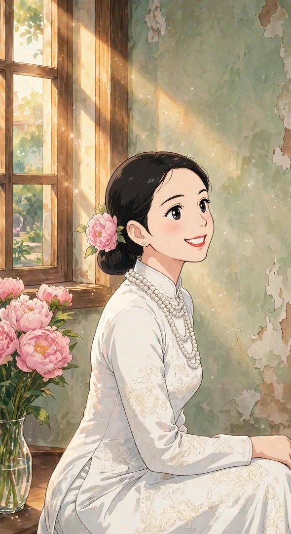 White Ao Dai in Morning Light - A Ghibli Style Portrait of Vietnamese Elegance